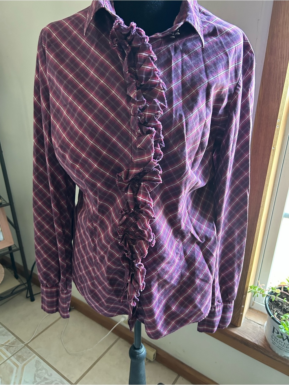 New York & Company Burgundy and Pink Plaid Stretch Button-Up